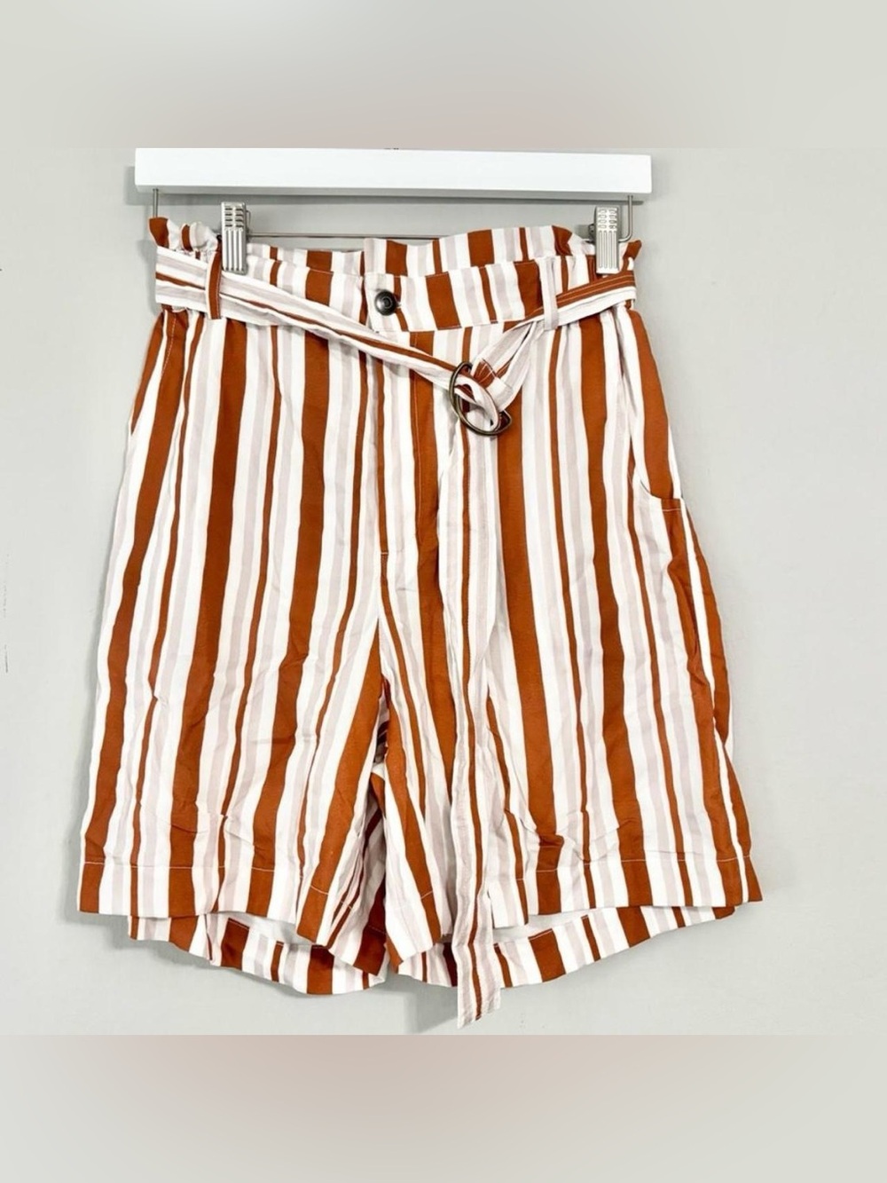 RUTI White And Orange High Rise Pin Striped Shorts